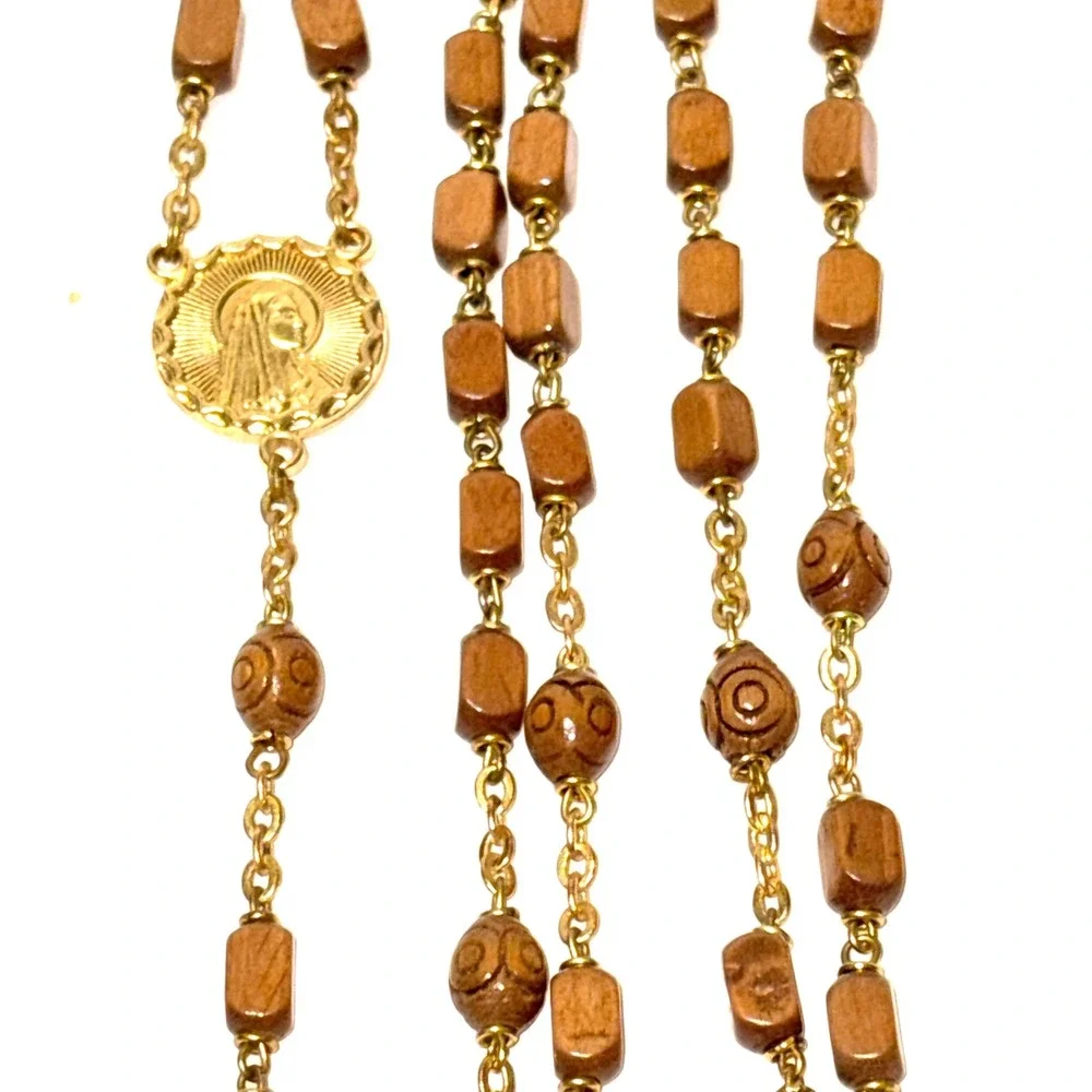 Vintage Wood Bead Rosary Gold Tone Lourdes Medal Crucifix Religious Necklace 24